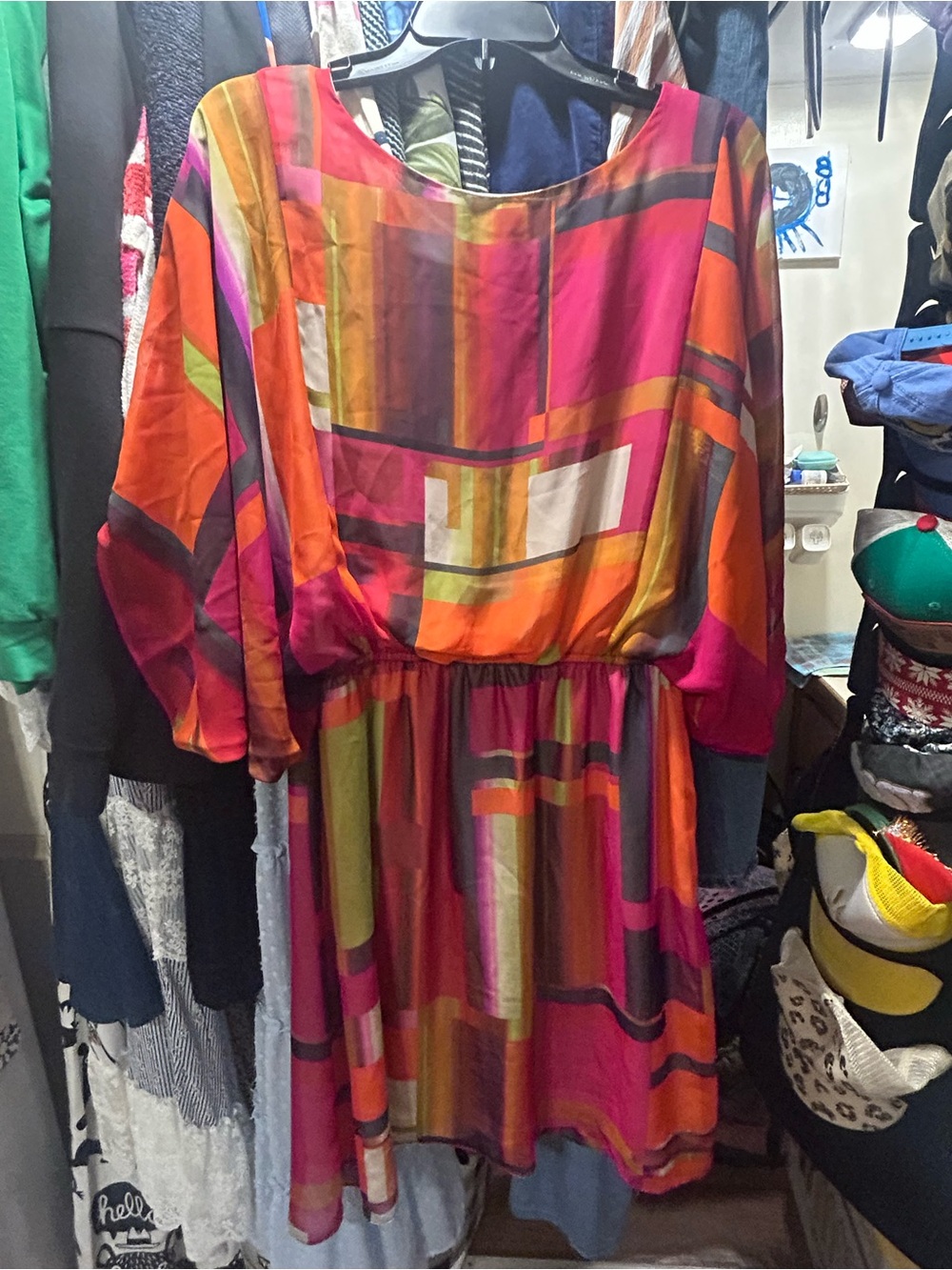 Vibrant Geometric Print Dress - Pink & Orange